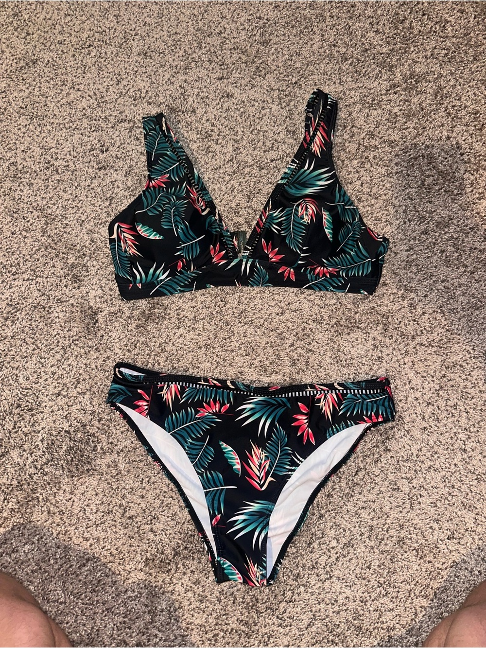 SHEIN Black Bikini Set with Green and Pink Tropical Leaf Print